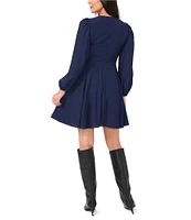 1. STATE V-Neck Long Sleeve Front Button A-Line Dress