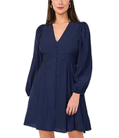 1. STATE V-Neck Long Sleeve Front Button A-Line Dress