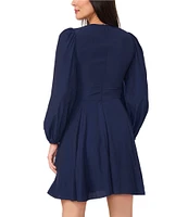 1. STATE V-Neck Long Sleeve Front Button A-Line Dress