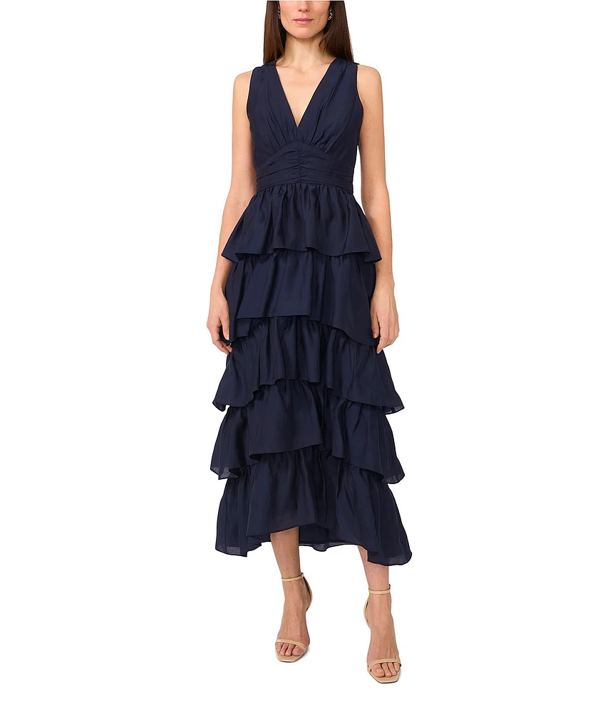 1. STATE V-Neck Sleeveless Cascading Ruffle Maxi A-Line Dress