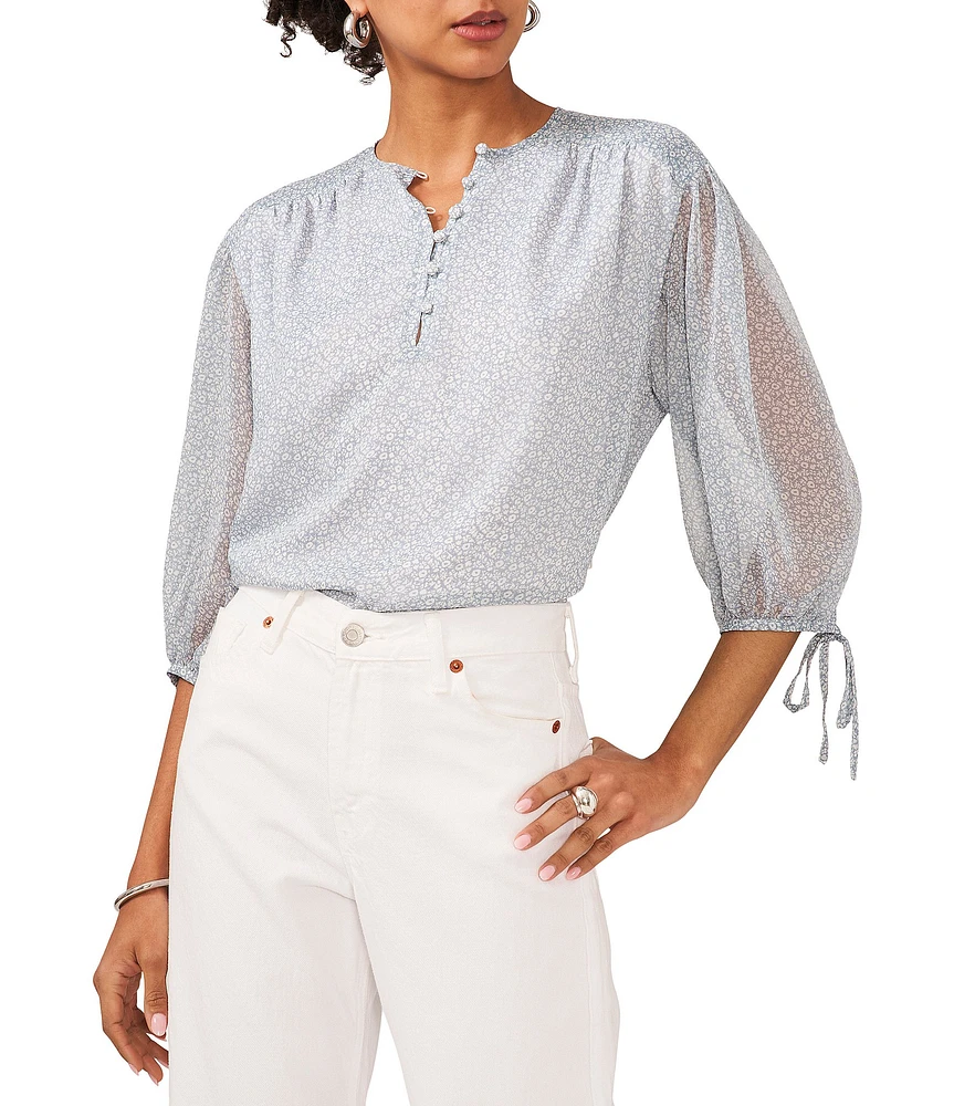 1. STATE Woven Floral Print Spilt Round Neck Pintuck 3/4 Sleeve Blouse