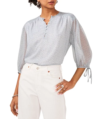 1. STATE Woven Floral Print Spilt Round Neck Pintuck 3/4 Sleeve Blouse