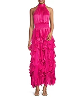 1. STATE Woven Halter Mock Neck Sleeveless Ruffle Maxi Dress