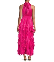 1. STATE Woven Halter Mock Neck Sleeveless Ruffle Maxi Dress