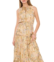 1. STATE Woven Paisley Print V-Neck Sleeveless Smocked Waist Tiered Fit and Flare Maxi Dress
