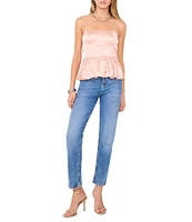 1. STATE Woven Printed Square Neck Bow Strap Peplum Top
