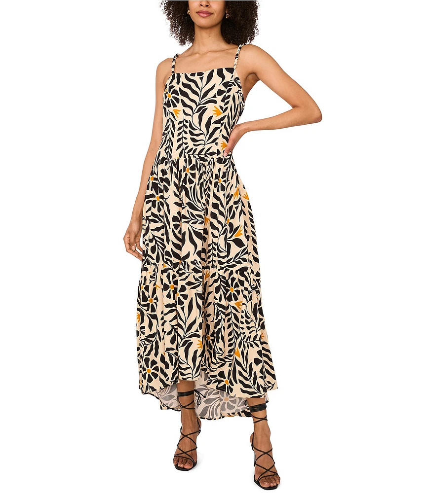 1. STATE Woven Printed Square Neck Sleeveless Hi-Low Maxi Dress