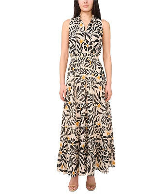 1. STATE Woven Split Round Neck Sleeveless Smocked Waist Tiered Maxi Dress