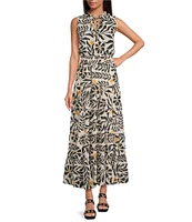 1. STATE Woven Split Round Neck Sleeveless Smocked Waist Tiered Maxi Dress