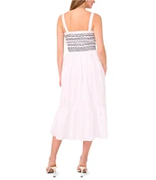 1. STATE Woven Square Neck Tie Shoulder Contrast Smocked Midi Dress