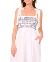 1. STATE Woven Square Neck Tie Shoulder Contrast Smocked Midi Dress
