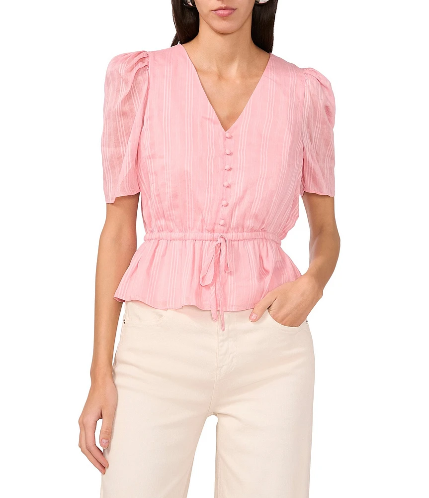 1. STATE Woven Striped V-Neck Short Sleeve Tie Front Peplum Top