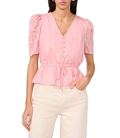 1. STATE Woven Striped V-Neck Short Sleeve Tie Front Peplum Top