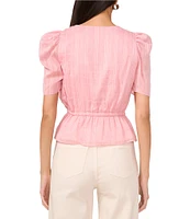 1. STATE Woven Striped V-Neck Short Sleeve Tie Front Peplum Top