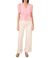 1. STATE Woven Striped V-Neck Short Sleeve Tie Front Peplum Top