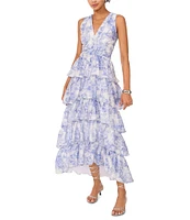 1. STATE Woven Toile Print V-Neck Sleeveless Tiered Ruffle Maxi Dress