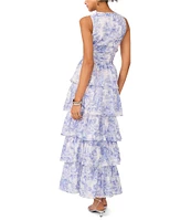 1. STATE Woven Toile Print V-Neck Sleeveless Tiered Ruffle Maxi Dress