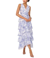 1. STATE Woven Toile Print V-Neck Sleeveless Tiered Ruffle Maxi Dress