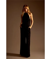 1. STATE Floral Velvet Burnout Halter Neck Sleeveless Wide Leg Jumpsuit