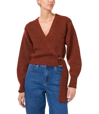 1. STATE Knit V-Neck Long Sleeve Surplice Wrap Belt Sweater