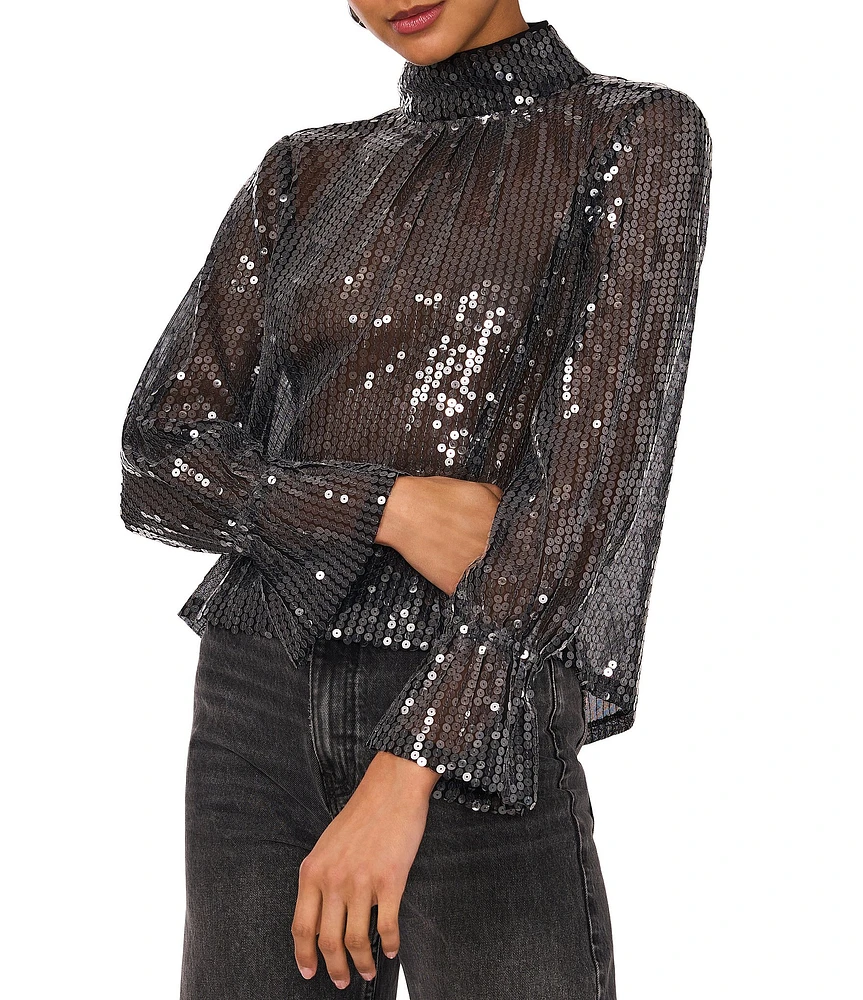 1. STATE Sequin Mesh Sheer Illusion Ruched Mock Neck Long Sleeve Open Back Blouse