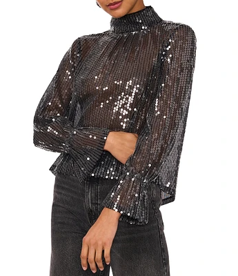 1. STATE Sequin Mesh Sheer Illusion Ruched Mock Neck Long Sleeve Open Back Blouse