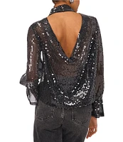 1. STATE Sequin Mesh Sheer Illusion Ruched Mock Neck Long Sleeve Open Back Blouse