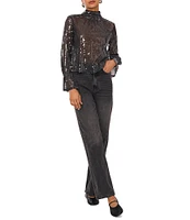 1. STATE Sequin Mesh Sheer Illusion Ruched Mock Neck Long Sleeve Open Back Blouse