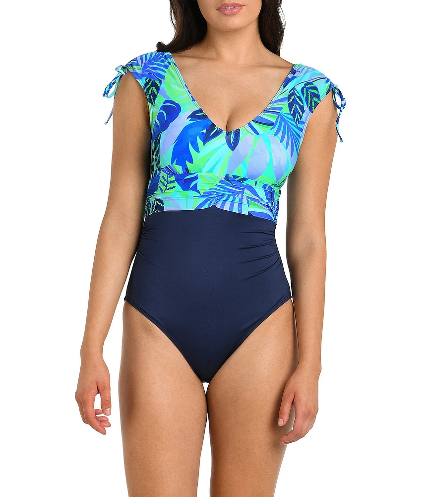 24th & Ocean Aegean Tropics Floral V-Neck Shirred Tummy Control One Piece Swimsuit