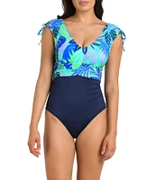 24th & Ocean Aegean Tropics Floral V-Neck Shirred Tummy Control One Piece Swimsuit
