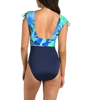 24th & Ocean Aegean Tropics Floral V-Neck Shirred Tummy Control One Piece Swimsuit