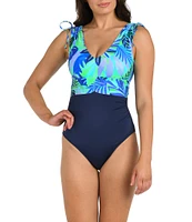 24th & Ocean Aegean Tropics Floral V-Neck Shirred Tummy Control One Piece Swimsuit