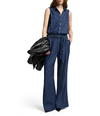 7 For All Mankind Weightless Point Collar Sleeveless Denim Pleated Wide Leg Jumpsuit