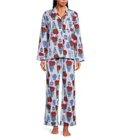 8 Oak Lane Long Sleeve Notch Collar Poinsettia Print Flannel Holiday Pajama Set