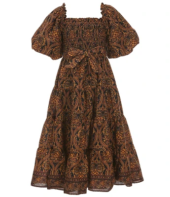 A Loves A Big Girls 7-16 Fall Paisley Print Bubble Sleeve Smocked Bodice Tier Dress