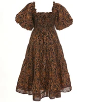 A Loves A Big Girls 7-16 Fall Paisley Print Bubble Sleeve Smocked Bodice Tier Dress