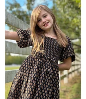 A Loves A Big Girls 7-16 Printed Bubble Sleeve Smocked Bodice Tier Dress