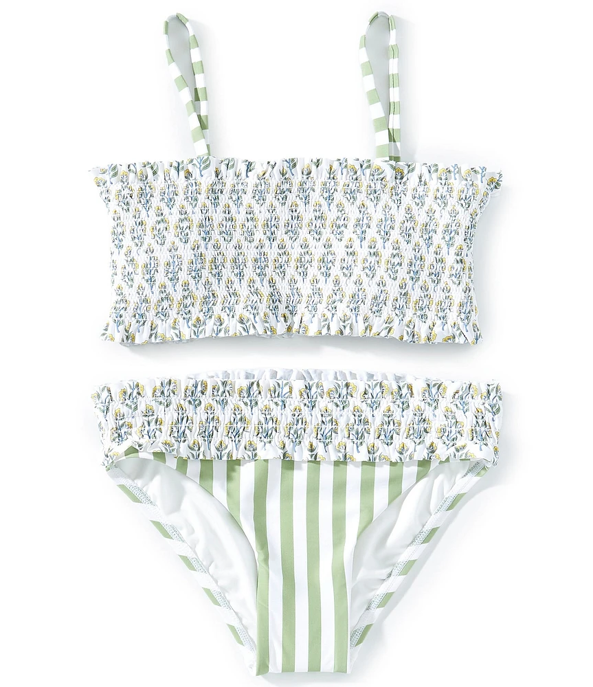 A Loves A Big Girls 7-16 Ditsy Floral/Striped Smocked Bralette Two-Piece Swimsuit