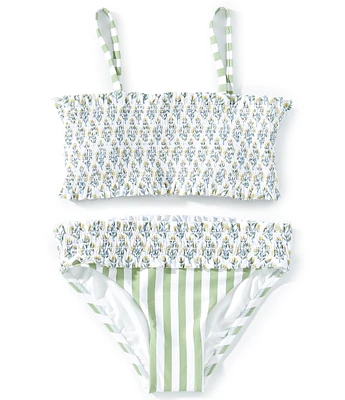 A Loves A Big Girls 7-16 Ditsy Floral/Striped Smocked Bralette Two-Piece Swimsuit
