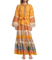 A Loves A Border Print Mandarin Collar Long Balloon Sleeve Button Front Tie at Waist A-Line Flounce Maxi Dress
