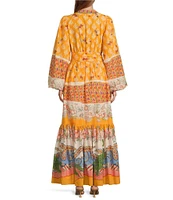 A Loves A Border Print Mandarin Collar Long Balloon Sleeve Button Front Tie at Waist A-Line Flounce Maxi Dress