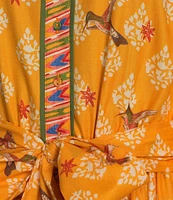 A Loves A Border Print Mandarin Collar Long Balloon Sleeve Button Front Tie at Waist A-Line Flounce Maxi Dress