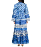 A Loves A Border Print Mandarin Collar Long Balloon Sleeve Button Front Tie at Waist A-Line Flounce Maxi Dress