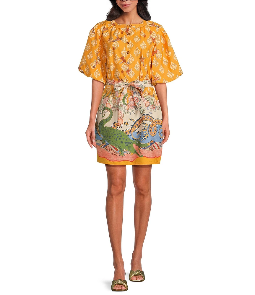 A Loves A Border Print Mandarin Collar Short Bubble Sleeve Button Front Tie At Waist Sheath Mini Dress