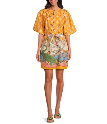 A Loves A Border Print Mandarin Collar Short Bubble Sleeve Button Front Tie At Waist Sheath Mini Dress