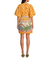 A Loves A Border Print Mandarin Collar Short Bubble Sleeve Button Front Tie At Waist Sheath Mini Dress