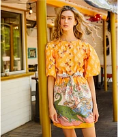 A Loves A Border Print Mandarin Collar Short Bubble Sleeve Button Front Tie At Waist Sheath Mini Dress