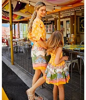 A Loves A Border Print Mandarin Collar Short Bubble Sleeve Button Front Tie At Waist Sheath Mini Dress