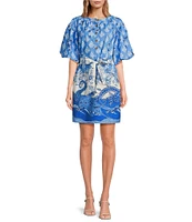 A Loves A Border Print Mandarin Collar Short Bubble Sleeve Button Front Tie At Waist Sheath Mini Dress