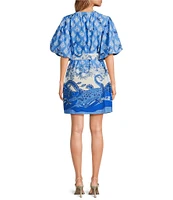 A Loves A Border Print Mandarin Collar Short Bubble Sleeve Button Front Tie At Waist Sheath Mini Dress
